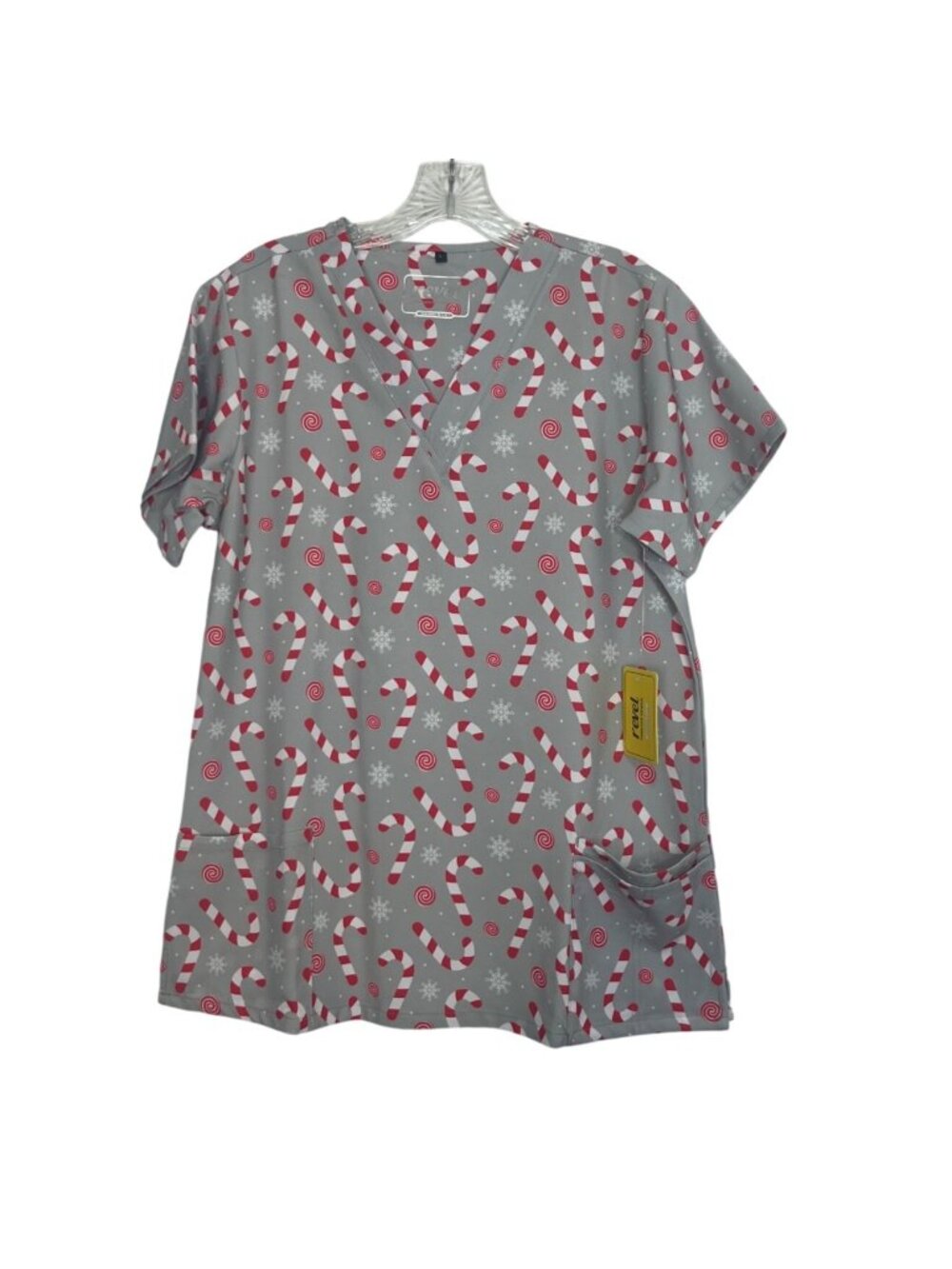 Revel Candy Cane‎ Lane Scrub Top Christmas Large Gray Red New Medical